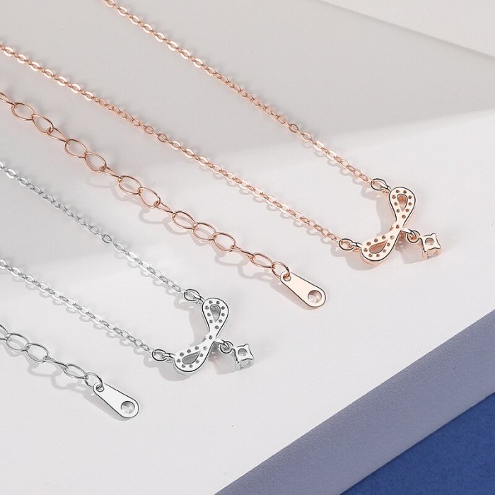 S925 Sterling Silver Bow Necklace Women's Fashion Retro Korean Hipster Diamond Set Zircon Pendant Clavicle Chain Mla1883