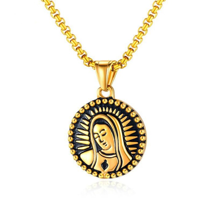 Titanium Steel Necklace Hip Hop Small round Pendant Virgin Mary Head Necklace Stainless Steel Male Necklace Jewelry Gb1627