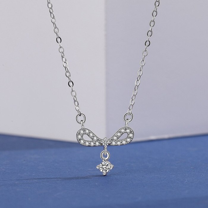 S925 Sterling Silver Bow Necklace Women's Fashion Retro Korean Hipster Diamond Set Zircon Pendant Clavicle Chain Mla1883