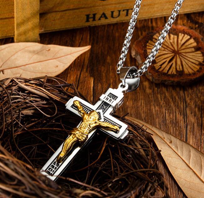 Stainless Steel Necklace Vintage Religious Ornament Wholesale Classic Jesus Cross Stainless Steel Necklace Gb1626