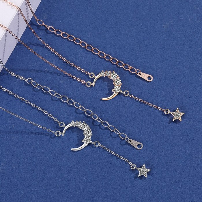 S925 Sterling Silver Star Moon Necklace Women's Fashion Retro Korean-Style Micro Pave Zircon Star Moon Clavicle Chain Mla1882
