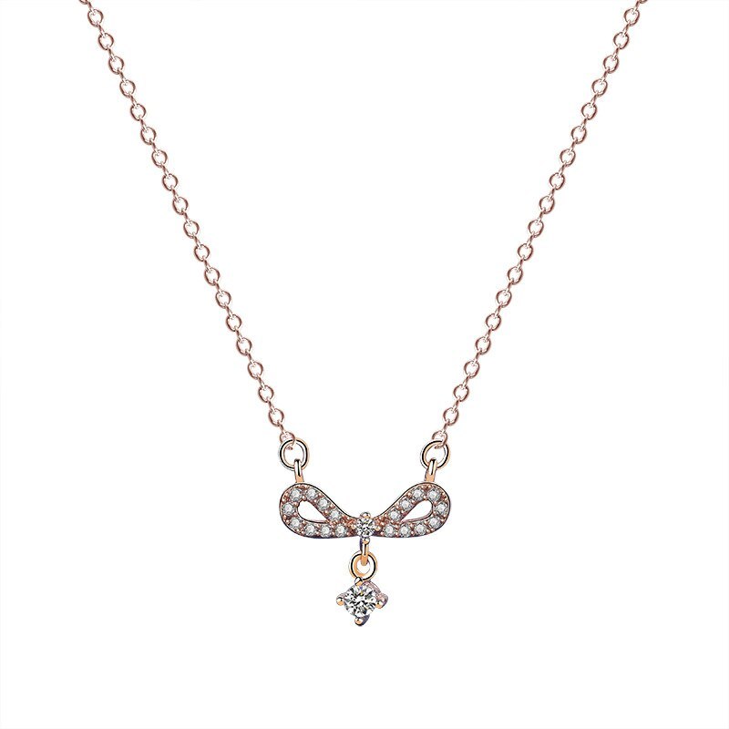 S925 Sterling Silver Bow Necklace Women's Fashion Retro Korean Hipster Diamond Set Zircon Pendant Clavicle Chain Mla1883