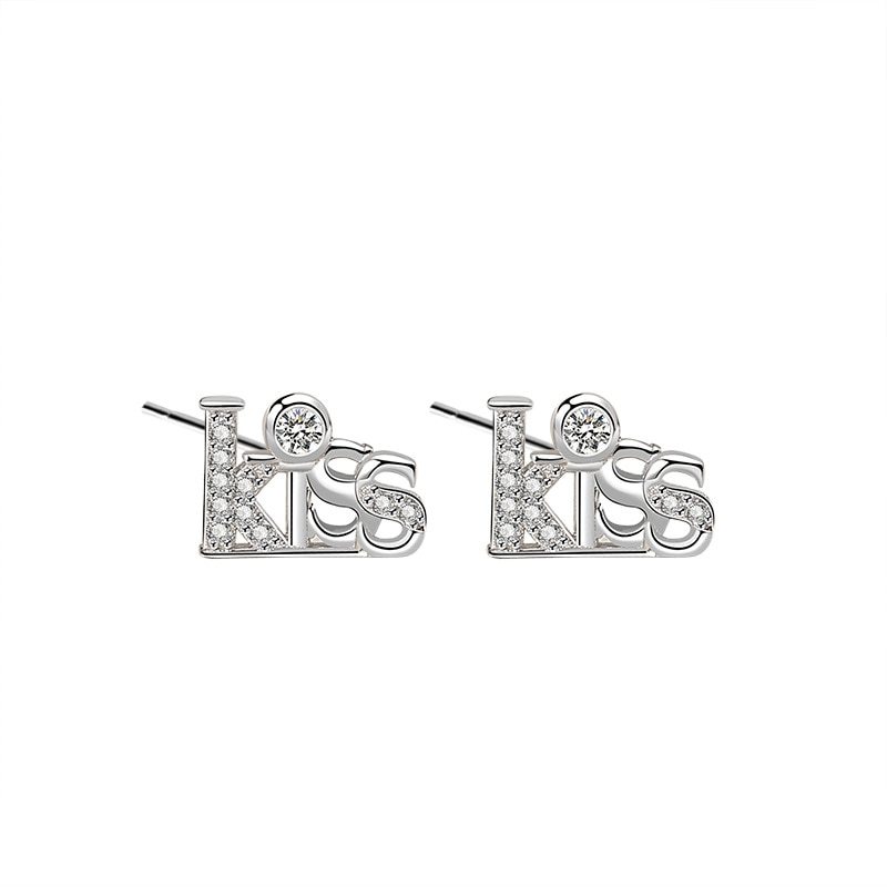 925 Sterling Silver Kiss Lettered Earring Stud Female Fashion Ol Korean Zircon Small Earring Stud Wholesale Ml2040