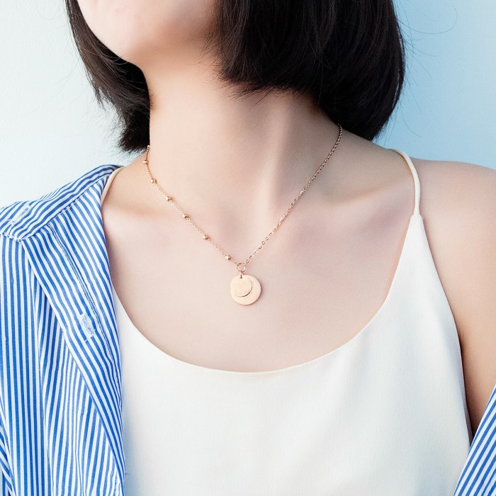 Rose Gold Necklace Forever Love Double Layer Necklace Stainless Steel round Pendant Clavicle Chain Gb1578