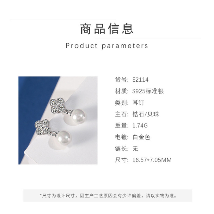 S925 Sterling Silver Clover of Four Leaves Earring Fashion Korean Pearls Stud Earring Pendant Jewelry Earrings for Women MLE2114