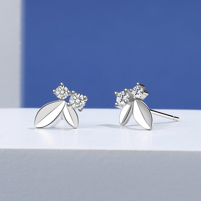 925 Sterling Silver Diamond Set Zircon Earring Women's Fashion Silver Ol Korean Style Leaves Small Earring  Mle2112