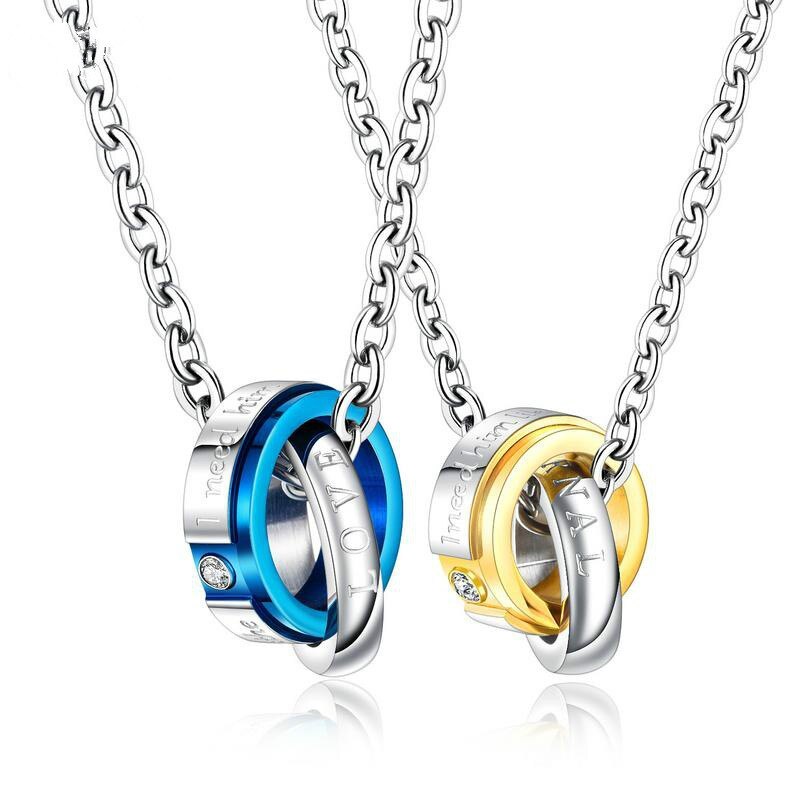 Couple Necklace Jewelry Wholesale Fashion Stainless Steel Double Ring Diamond Set Pendant Titanium Steel Couple Necklace Gb1616