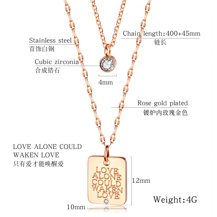 Hot Selling Lettering Square round Double Layer Titanium Steel Clavicle Chain Women's Stainless Steel Necklaces Gb1588
