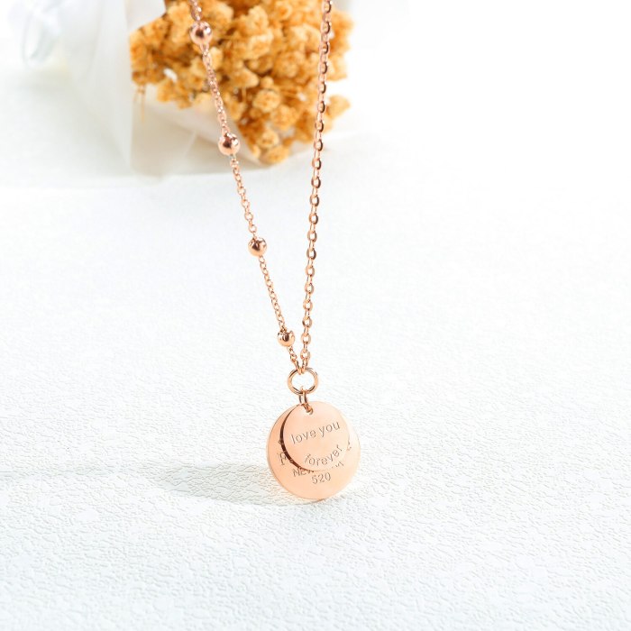 Rose Gold Necklace Forever Love Double Layer Necklace Stainless Steel round Pendant Clavicle Chain Gb1578