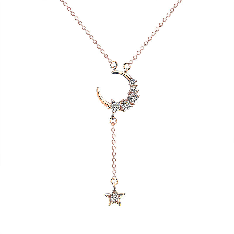 S925 Sterling Silver Star Moon Necklace Women's Fashion Retro Korean-Style Micro Pave Zircon Star Moon Clavicle Chain Mla1882