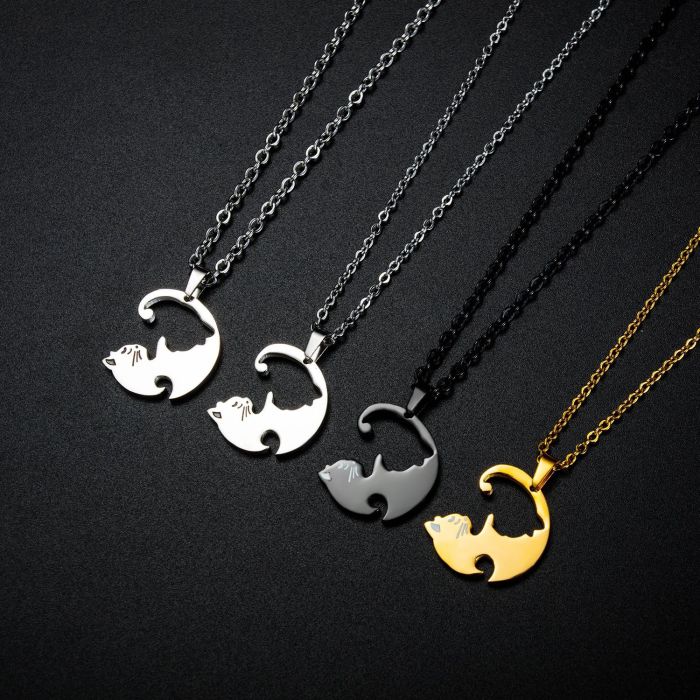 Korean Style Stainless Steel Necklace Cool Stitching Pair of Kitten Hug Necklace Simple Couple Titanium Steel Pendant Gb1597