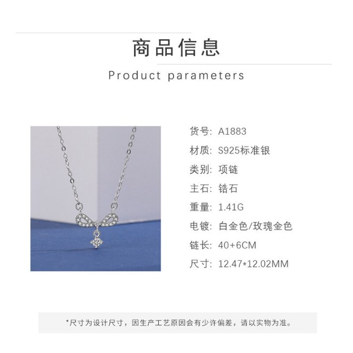 S925 Sterling Silver Bow Necklace Women's Fashion Retro Korean Hipster Diamond Set Zircon Pendant Clavicle Chain Mla1883