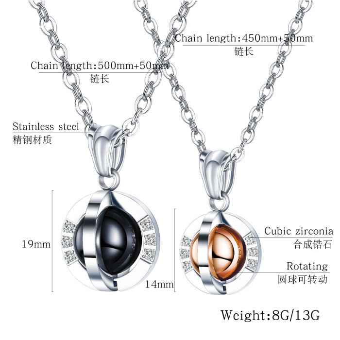 Stainless Steel Necklace Diamond-Set Rotatable Ball Pendant Titanium Steel Couple Necklace Gb1617
