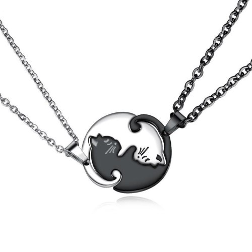 Korean Style Stainless Steel Necklace Cool Stitching Pair of Kitten Hug Necklace Simple Couple Titanium Steel Pendant Gb1597