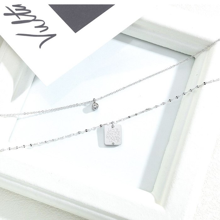 Hot Selling Lettering Square round Double Layer Titanium Steel Clavicle Chain Women's Stainless Steel Necklaces Gb1588