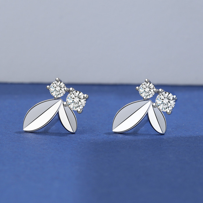 925 Sterling Silver Diamond Set Zircon Earring Women's Fashion Silver Ol Korean Style Leaves Small Earring  Mle2112