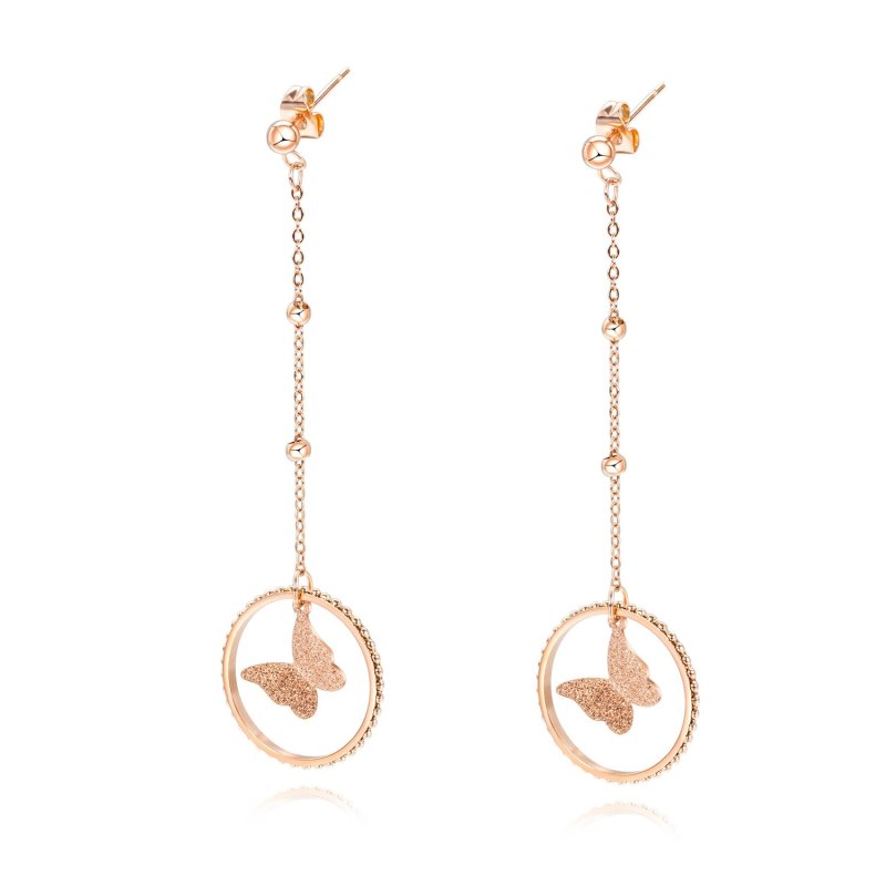 Korean Style New Cool Double Circle Earring Tassled Chain Beads Titanium Steel Earrings Rose Gold Stud Earring Female Gb563