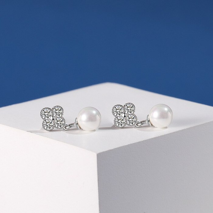S925 Sterling Silver Clover of Four Leaves Earring Fashion Korean Pearls Stud Earring Pendant Jewelry Earrings for Women MLE2114