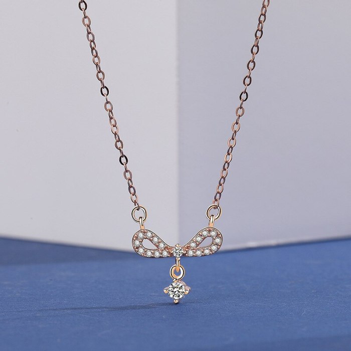 S925 Sterling Silver Bow Necklace Women's Fashion Retro Korean Hipster Diamond Set Zircon Pendant Clavicle Chain Mla1883