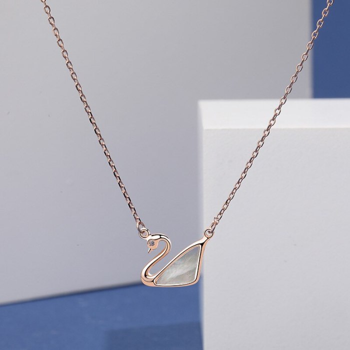 S925 Sterling Silver Shell Swan Necklace Female Ins Fashion Retro Korean White Shell Silver Necklace Clavicle Chain Mla1909