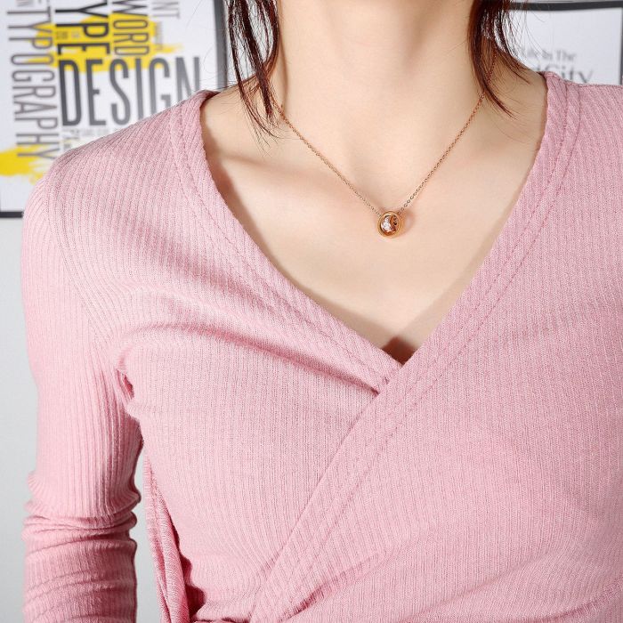 Stainless Steel Fashion Transport Double Ring Necklace Clavicle Chain Female Simple Pendant All-match Necklace Jewelry Gb1642