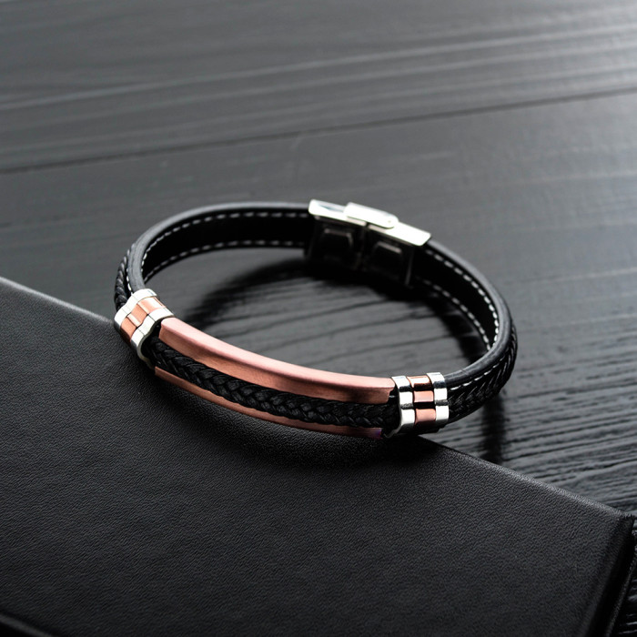 European and American Style Simple Stainless Steel Leather Bracelet Titanium Steel Men's Woven Leather Bracelet Bangle Gb1358