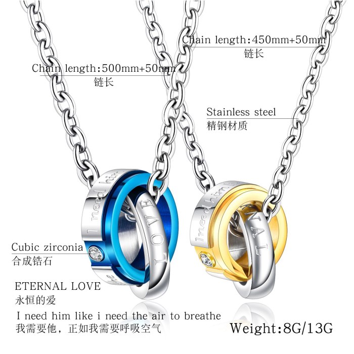 Couple Necklace Jewelry Wholesale Fashion Stainless Steel Double Ring Diamond Set Pendant Titanium Steel Couple Necklace Gb1616