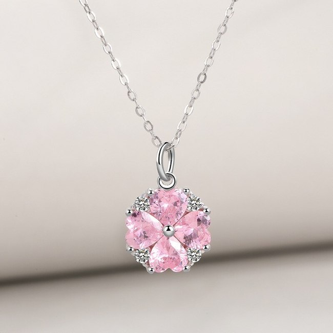 S925 Sterling Silver Necklace Pink Clover of Four Leaves Necklace Female Ins Korean-Style Cherry Blossom Silver Necklace Mla1007