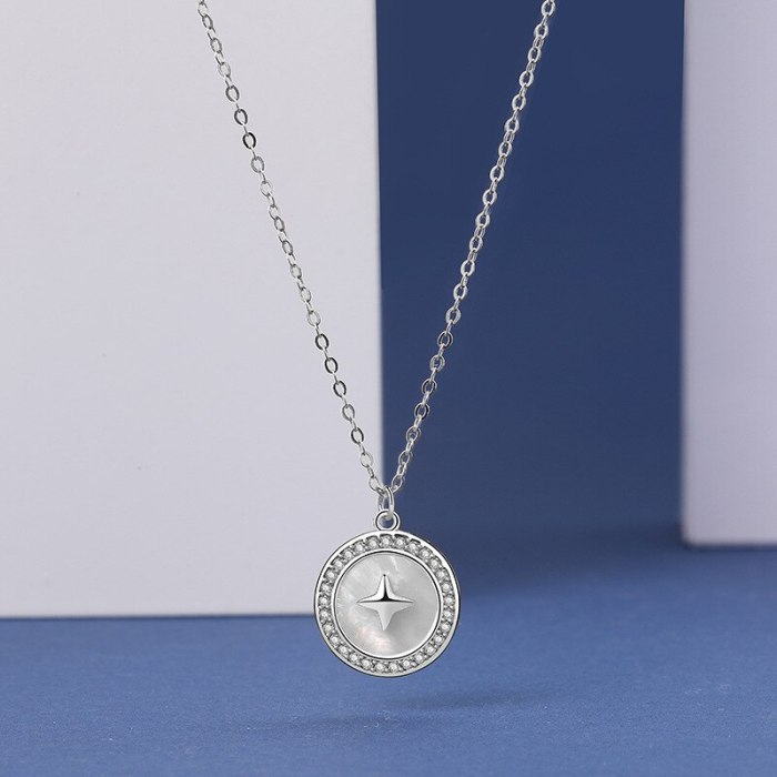 S925 Sterling Silver White Shell round Silver Necklace Ins Fashion Vintage Pendant Clavicle Chain Mla1884