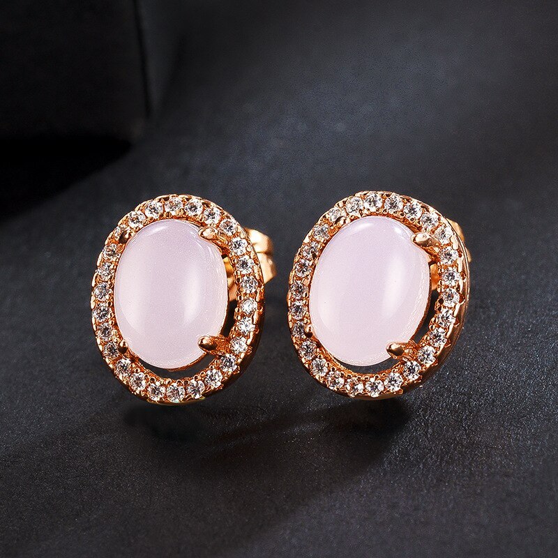 New Fashion Earrings Ear Stud Simple Micro Pave Zircon Oval Ear Stud Natural Pink Crystal Earrings 125695