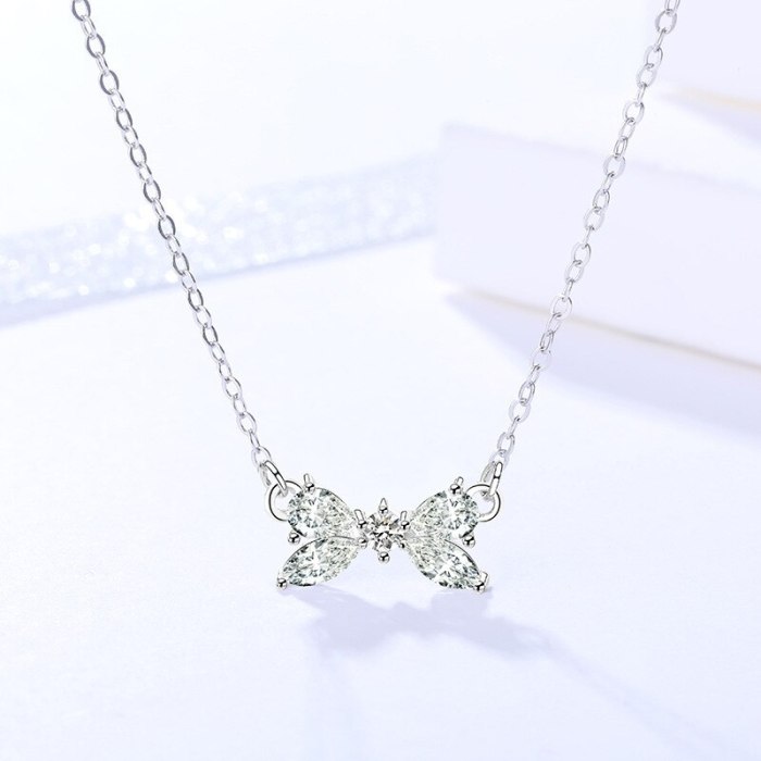 S925 Sterling Silver Necklace Jewelry Female Korean All-match Bow Necklace Zircon Set Short Clavicle Chain Wholesale Mla388a