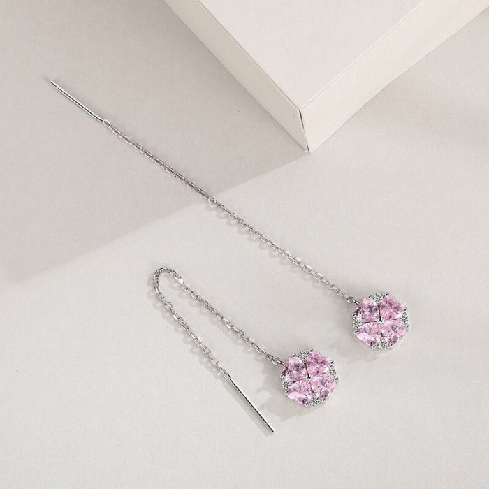 S925 Sterling Silver Necklace Pink Clover of Four Leaves Necklace Female Ins Korean-Style Cherry Blossom Silver Necklace Mla1007