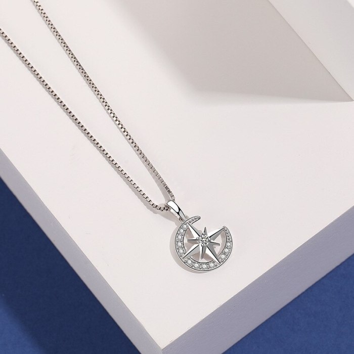S925 Sterling Silver Moon Necklace Pendant Female Fashion Retro Korean Six-Pointed Star Clavicle Chain Pendant Silver Mla1881