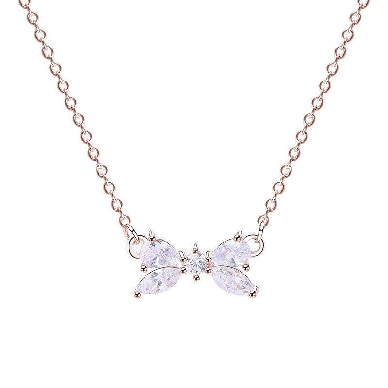 S925 Sterling Silver Necklace Jewelry Female Korean All-match Bow Necklace Zircon Set Short Clavicle Chain Wholesale Mla388a