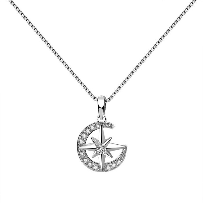 S925 Sterling Silver Moon Necklace Pendant Female Fashion Retro Korean Six-Pointed Star Clavicle Chain Pendant Silver Mla1881