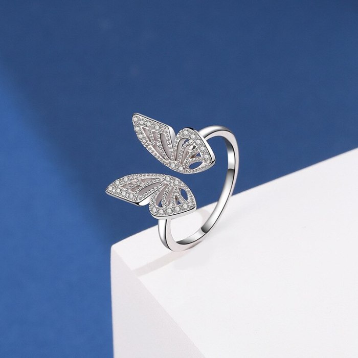 S925 Sterling Silver Butterfly Ring Fashion Retro European and American Micro Pave Zircon Open Ring Mlk719