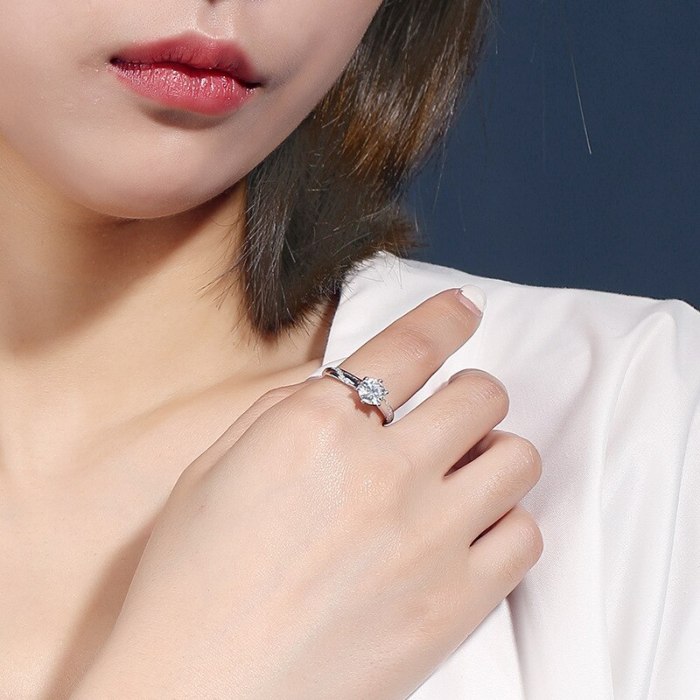 S925 Sterling Silver Ring Female Ins Korean-Style Diamond Set Classic Six-Claw Ring Silver Accessories Mlk679