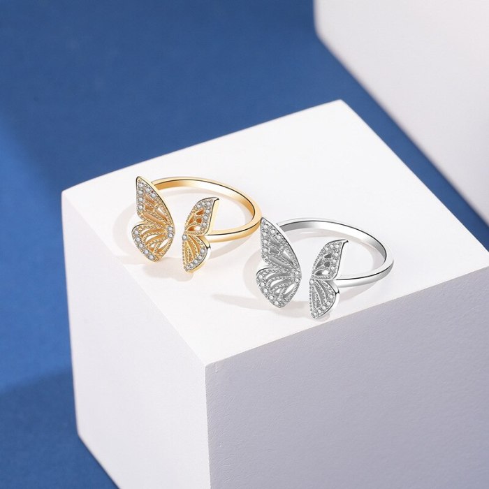 S925 Sterling Silver Butterfly Ring Fashion Retro European and American Micro Pave Zircon Open Ring Mlk719