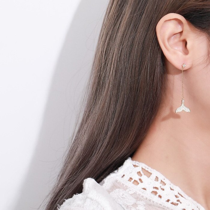 S925 Sterling Silver Female Korean-Style All-match Asymmetric Mermaid Stud Earring Zircon Micro Pave Fishtail Ear Stud Mle1852