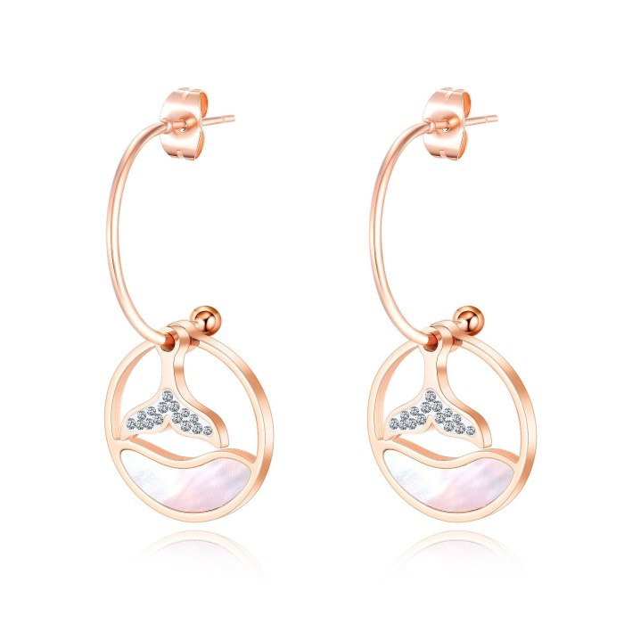 Japanese and South Korean Style Rose Gold White Shell Fish Tail round Earrings New Style Elegant Cool Women Ear Stud Gb576