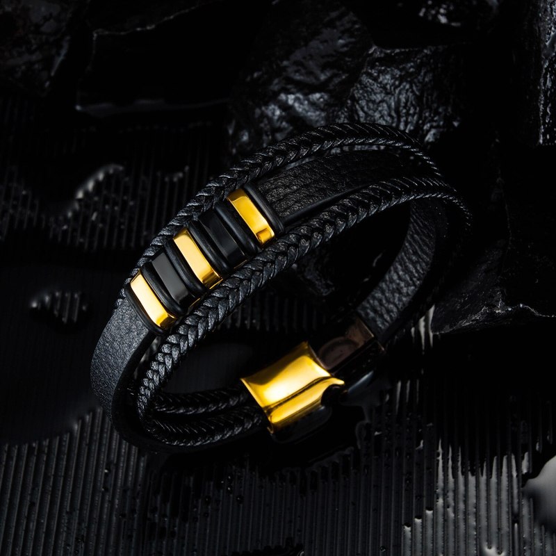New Ornament Wholesale Simple Black Gold Vintage Woven Leather Bracelet Titanium Steel Multi-Layer Male Bracelet Gb1371