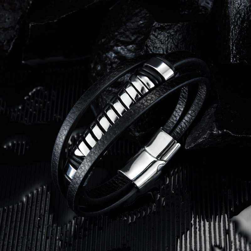 Multi-Layer Leather Hand Jewelry Stainless Steel Ring Bracelet Fashion Stylish Guy's Titanium Steel Bracelet Gb1368