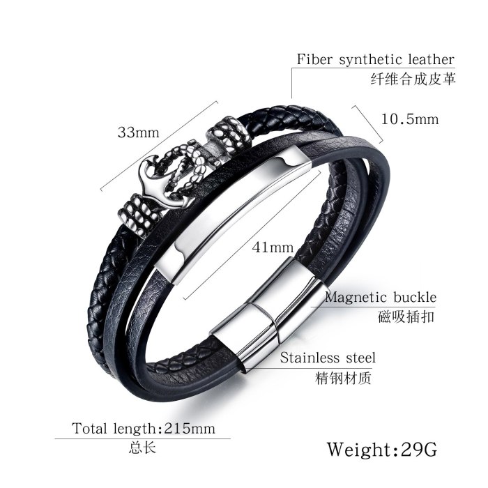 Korean Fashion Stainless Steel Anchor Hand Jewelry Men's Black Leather Bracelet Multi-Layer Woven Vintage Bracelet Gb1373