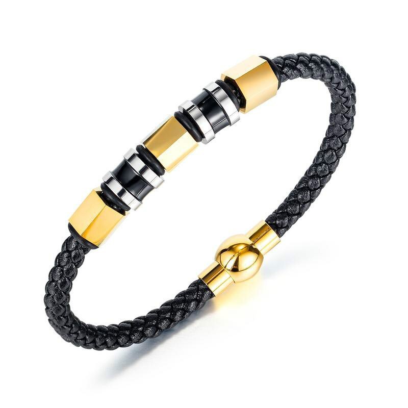 New Fashion Woven Leather Rope Bracelet Men's Student Mori INS Net Red Titanium Steel Bracelet Gb1399