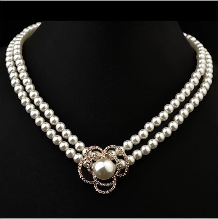 New Cute Diamond Flower Pearl Necklace Elegant Bridal Jewelry Wholesale 61847