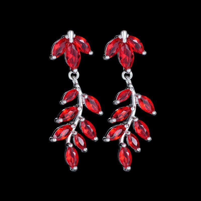 Leaves Red Green Stud Earrings Crystal Zircon Copper Inlaid Earring 925 Sterling Silver Ear Pin Fashion Accessories Qxwe883