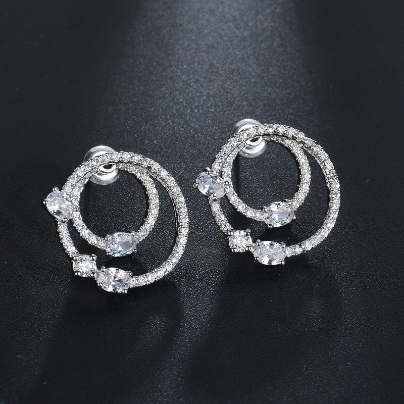 S925 Sterling Silver Stud Earring Double Circle Geometric Circle Zircon Earrings Two  Stud Earring Cool Jewelry Qxwe996