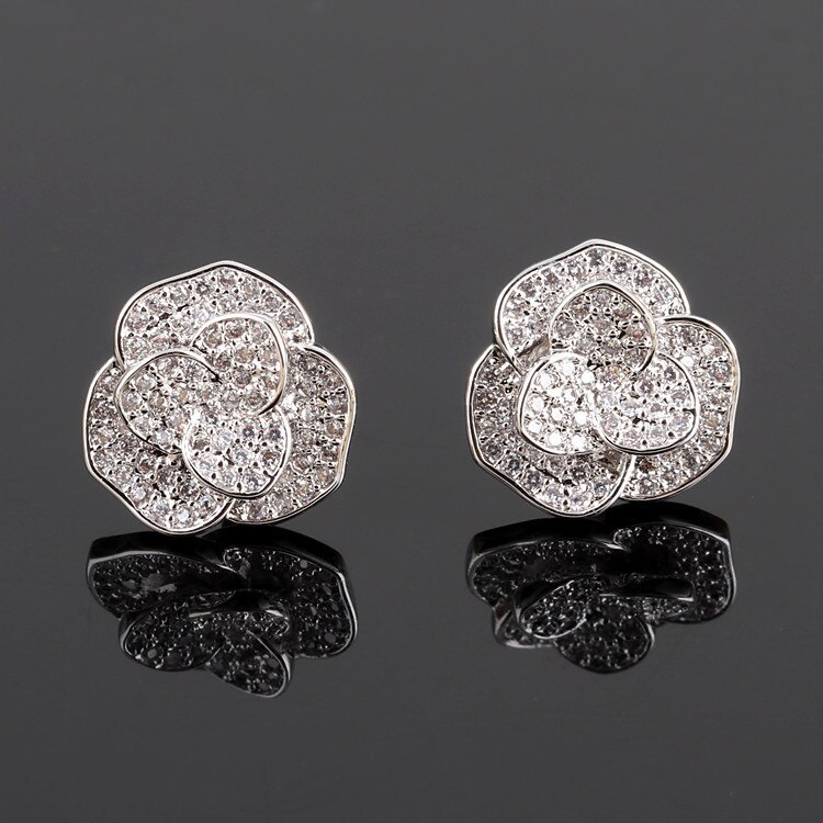 925 Silver Stud Earring AAA Zircon Micro Pave Rose Stud Earring Fashion Jewelry Earring Female Qxwe666