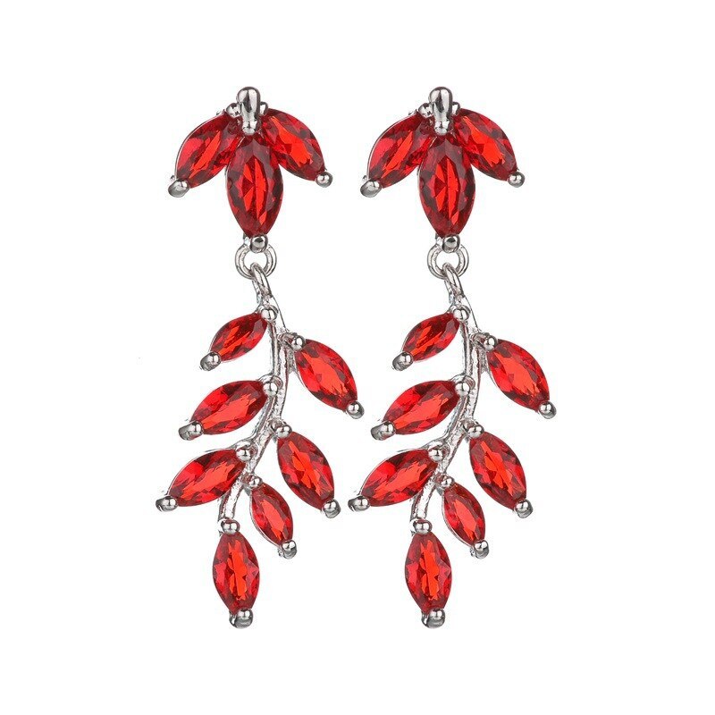 Leaves Red Green Stud Earrings Crystal Zircon Copper Inlaid Earring 925 Sterling Silver Ear Pin Fashion Accessories Qxwe883