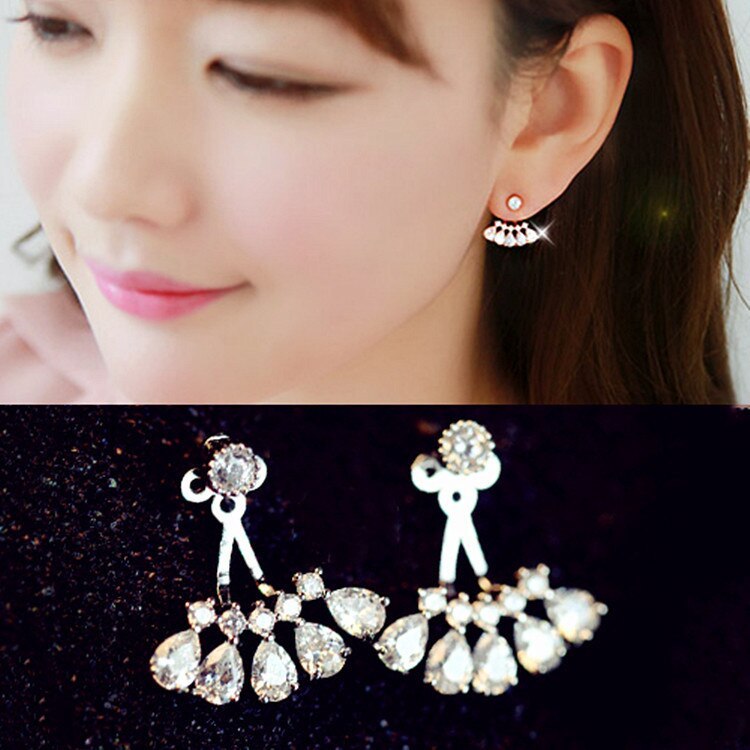 Korean-Style  Stud Earring S925 Sterling Silver Ear Pin Hanging Two Zircon Earrings Hipster Female Earring Jewelry Qxwe689
